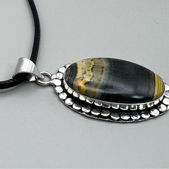 New Bumblebee Jasper Stone Silver Overlay Pendant with Cord - Picture 3 of 5